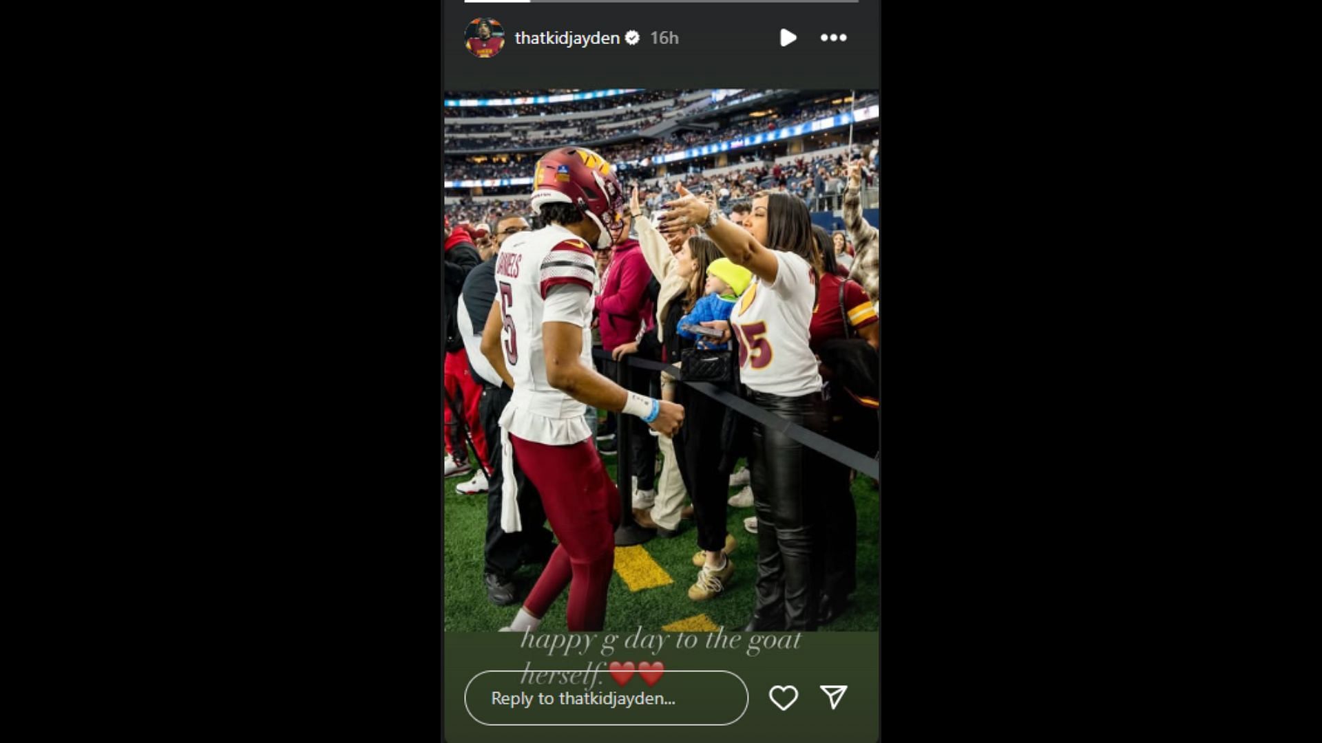 Commanders quarterback Jayden Daniels sent birthday wishes to his mother. (Photo via Jayden Daniels' Instagram Story)